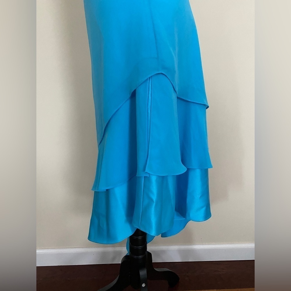 NWT Turquoise Spaghetti Strap Fit & Flare Asymmetrical Layered Hem Formal Dress - Picture 8 of 12